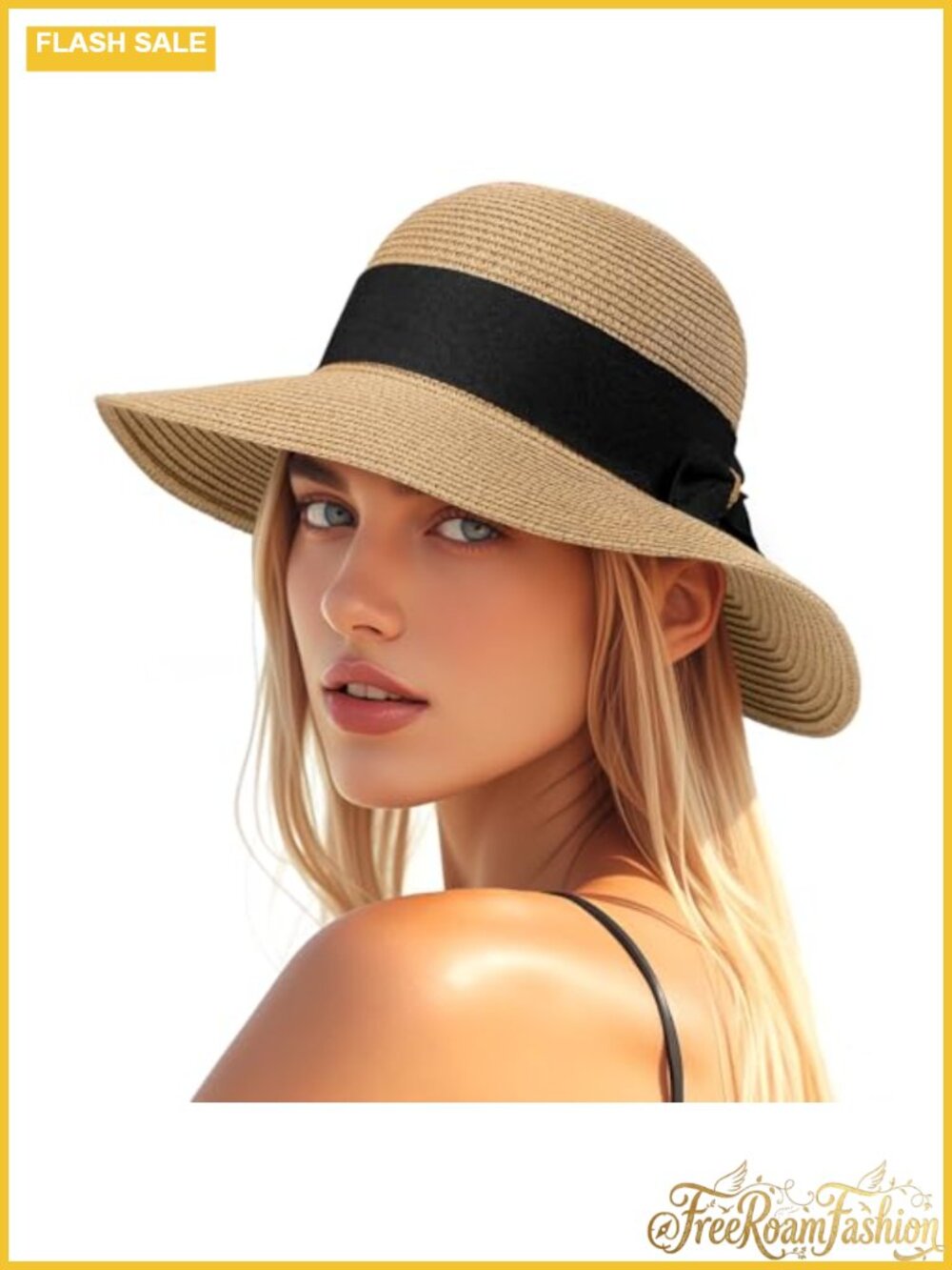 Women Sun Straw Hat UPF 50+ Foldable Beach Hat Wide Brim Chin Strap